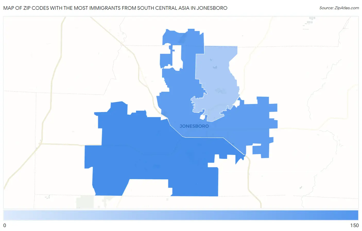 Zip Codes with the Most Immigrants from South Central Asia in Jonesboro Map