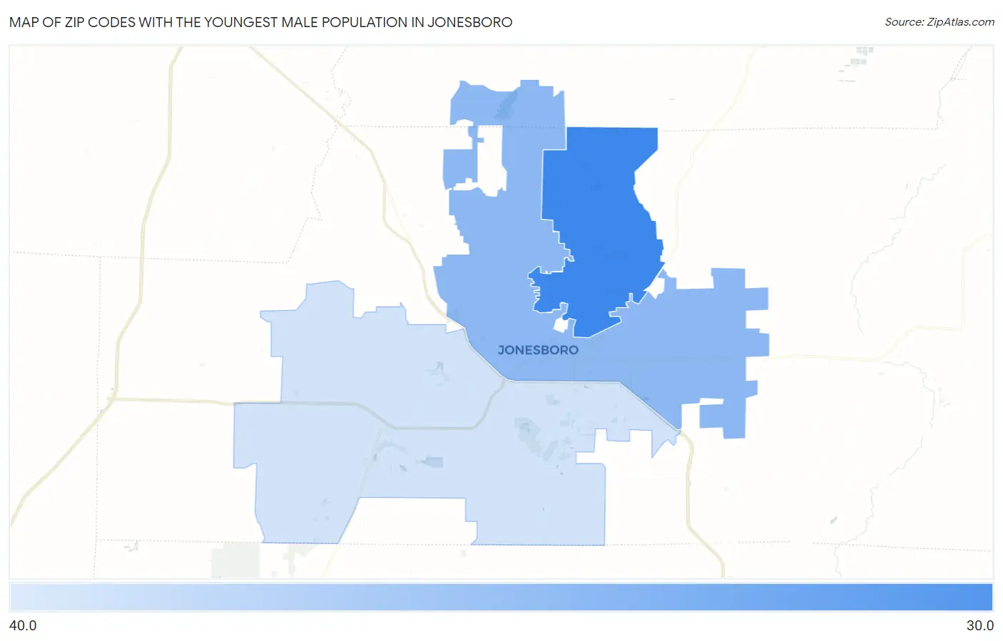 Zip Codes with the Youngest Male Population in Jonesboro Map