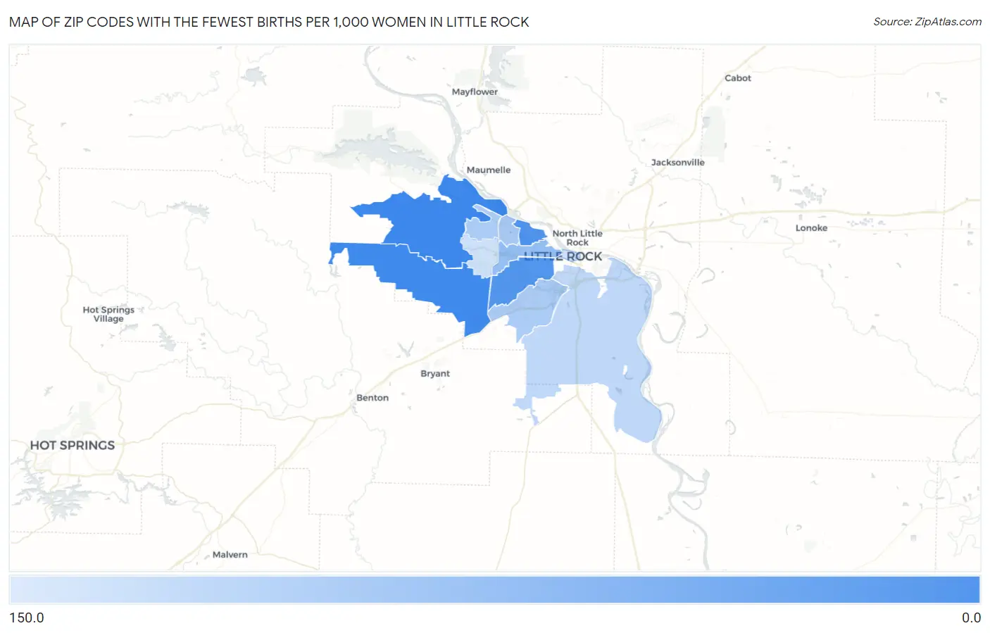 Zip Codes with the Fewest Births per 1,000 Women in Little Rock Map