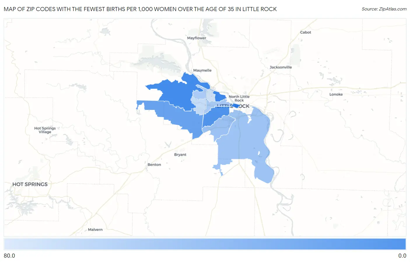 Zip Codes with the Fewest Births per 1,000 Women Over the Age of 35 in Little Rock Map