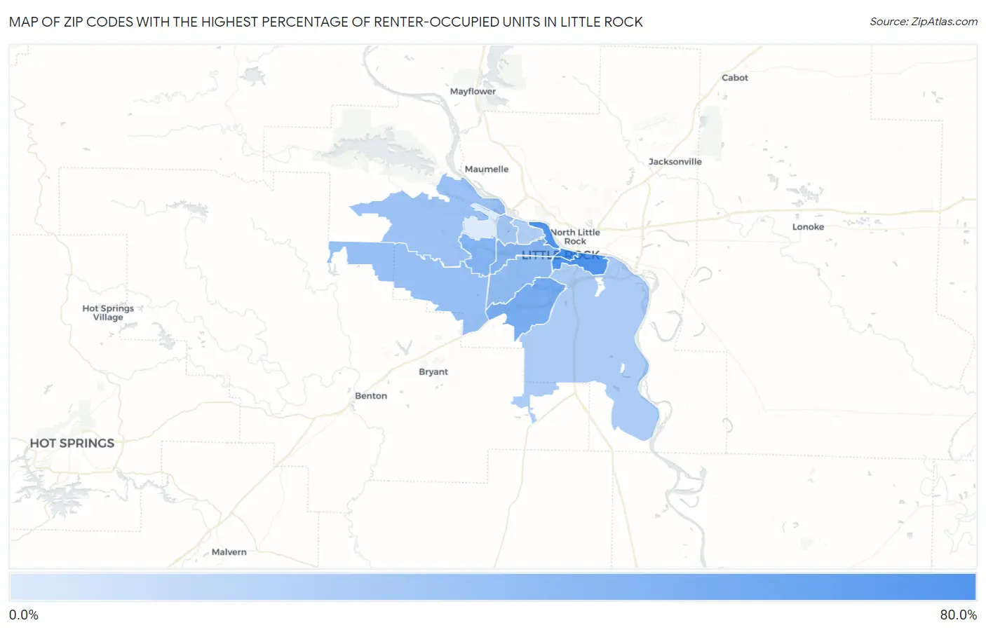 Zip Codes with the Highest Percentage of Renter-Occupied Units in Little Rock Map