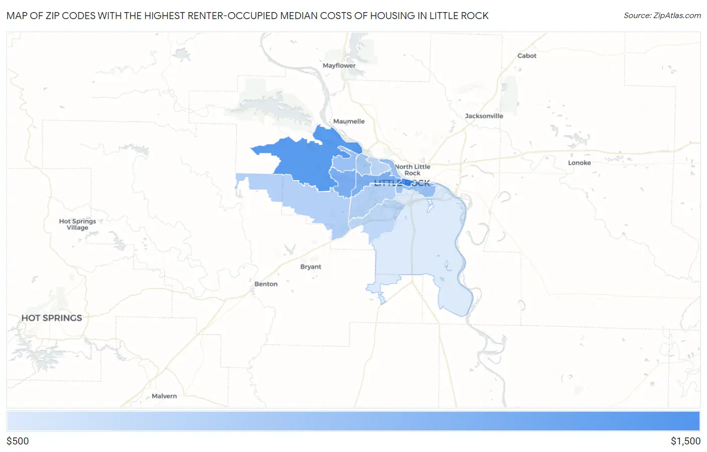 Zip Codes with the Highest Renter-Occupied Median Costs of Housing in Little Rock Map