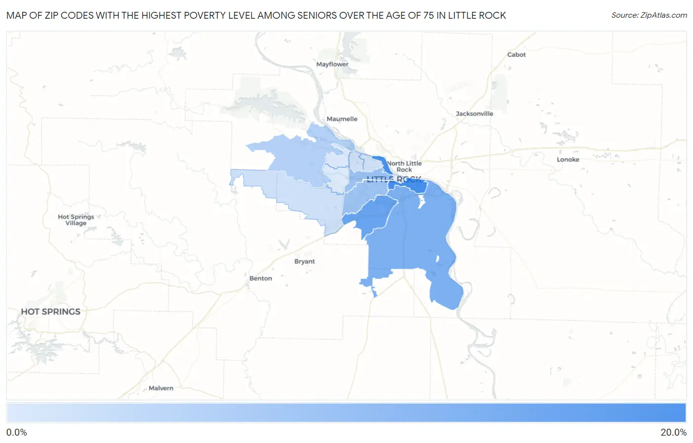 Zip Codes with the Highest Poverty Level Among Seniors Over the Age of 75 in Little Rock Map