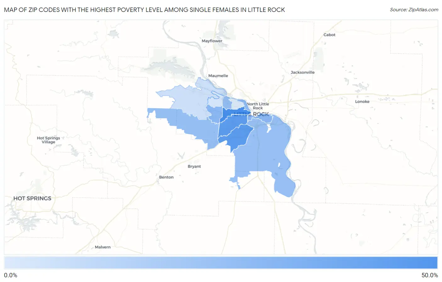 Zip Codes with the Highest Poverty Level Among Single Females in Little Rock Map