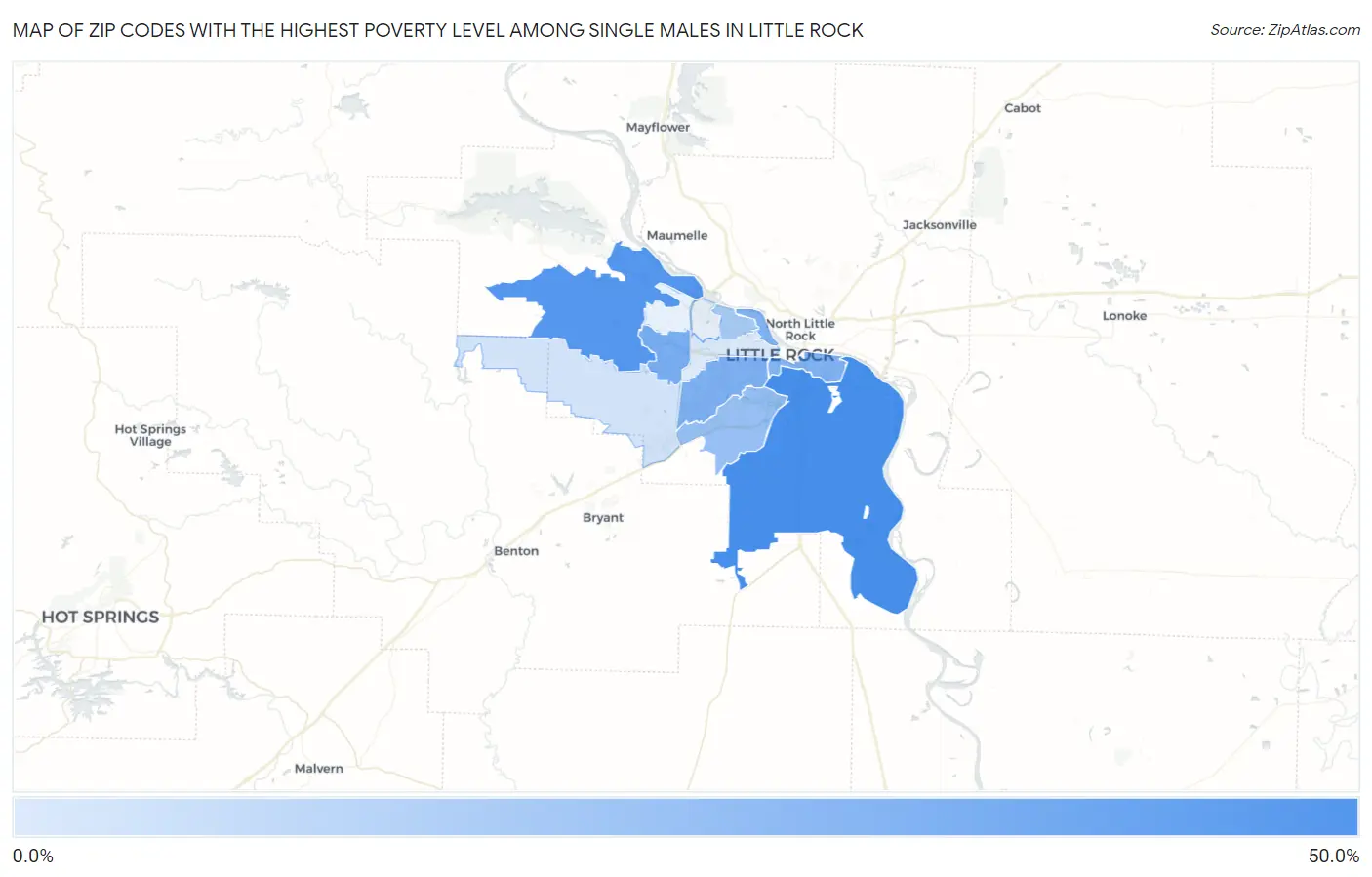 Zip Codes with the Highest Poverty Level Among Single Males in Little Rock Map