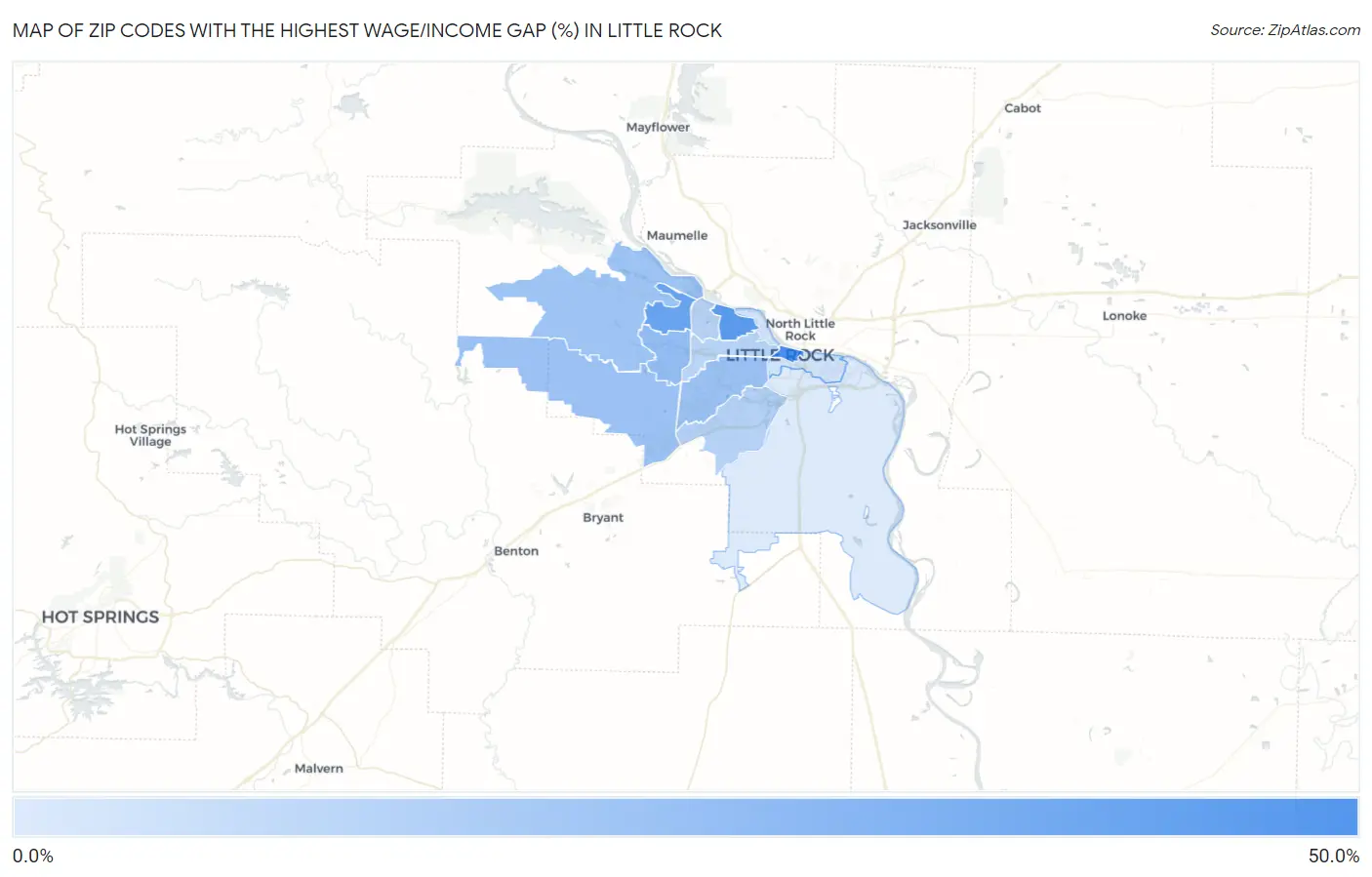 Zip Codes with the Highest Wage/Income Gap (%) in Little Rock Map