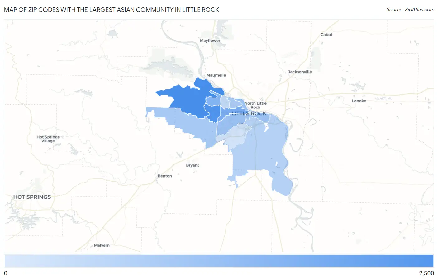 Zip Codes with the Largest Asian Community in Little Rock Map