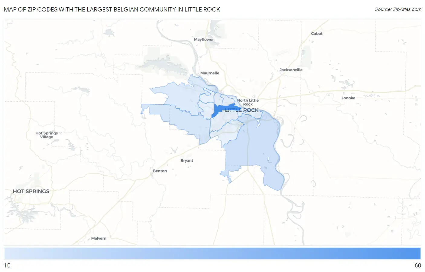 Zip Codes with the Largest Belgian Community in Little Rock Map