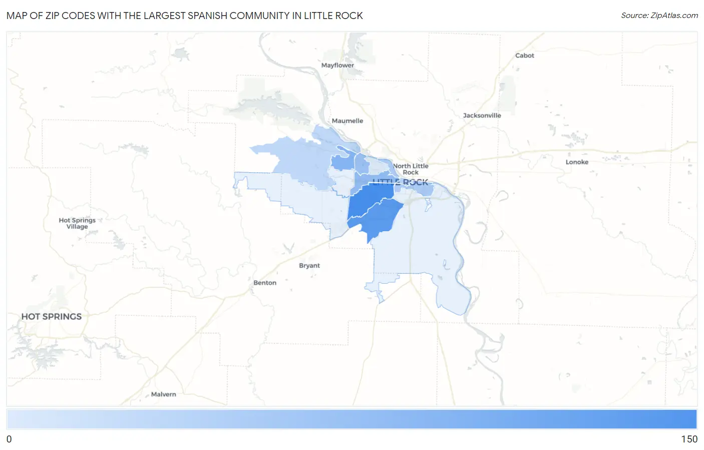 Zip Codes with the Largest Spanish Community in Little Rock Map