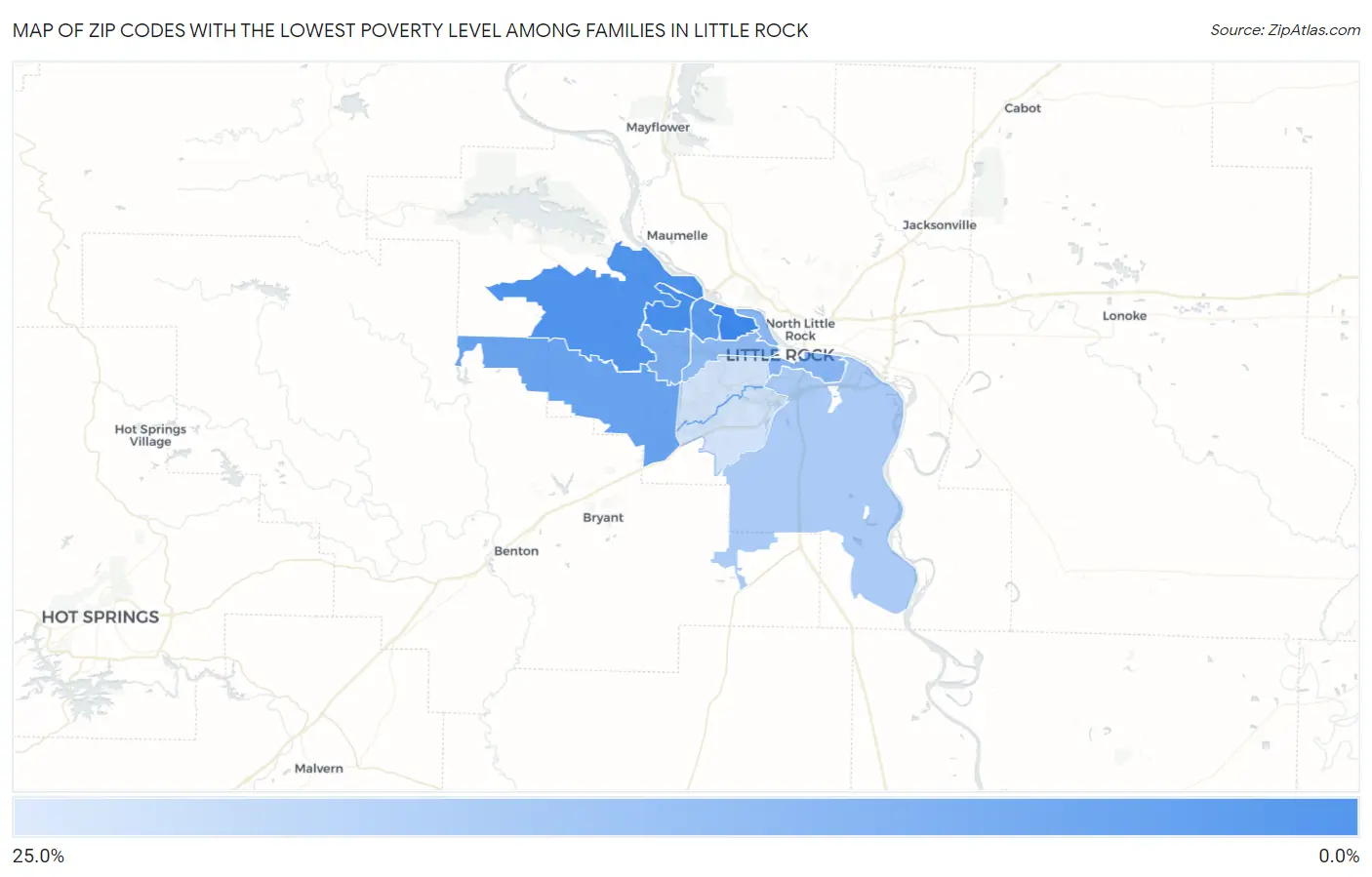 Zip Codes with the Lowest Poverty Level Among Families in Little Rock Map
