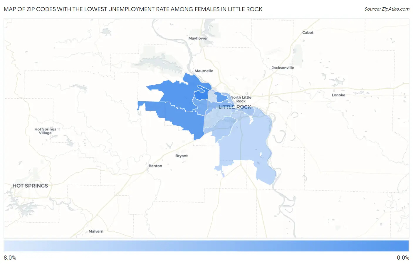Zip Codes with the Lowest Unemployment Rate Among Females in Little Rock Map