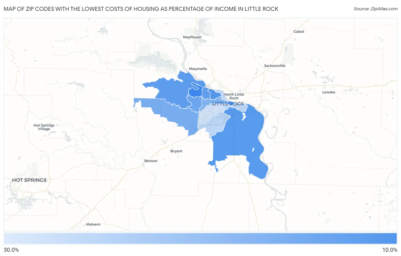 Zip Codes with the Lowest Costs of Housing as Percentage of Income in Little Rock Map