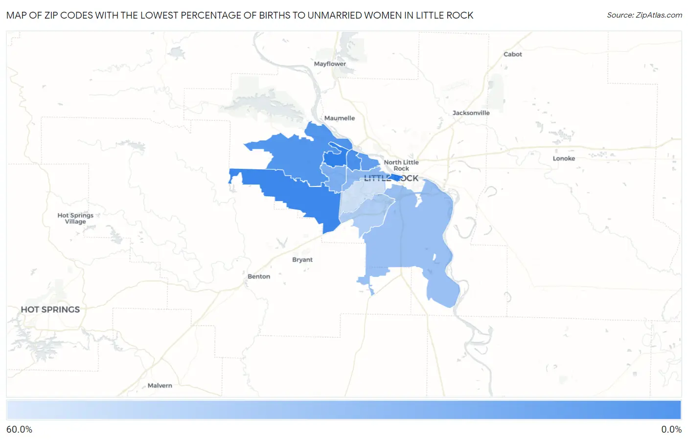 Zip Codes with the Lowest Percentage of Births to Unmarried Women in Little Rock Map