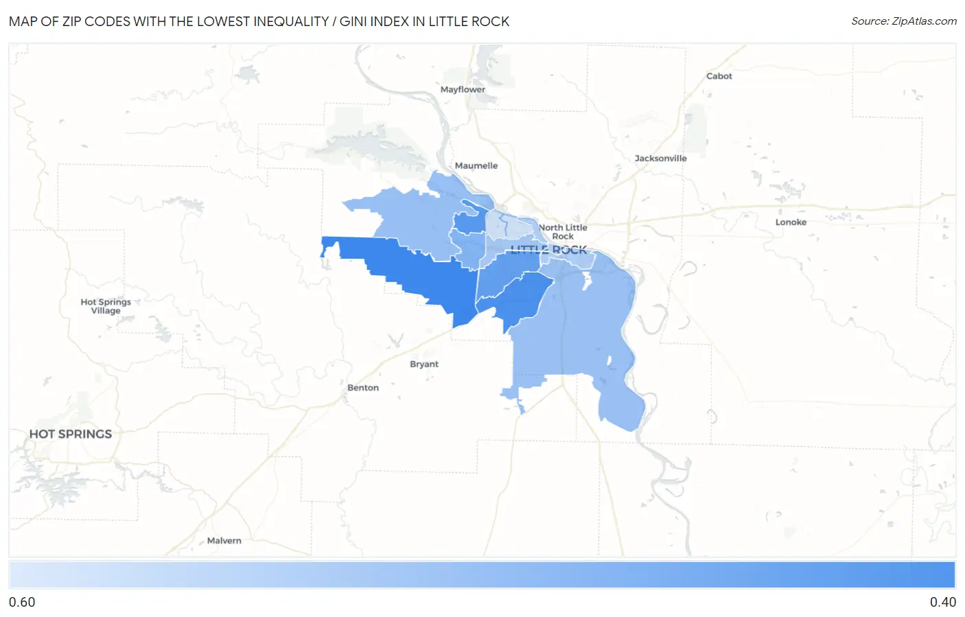 Zip Codes with the Lowest Inequality / Gini Index in Little Rock Map