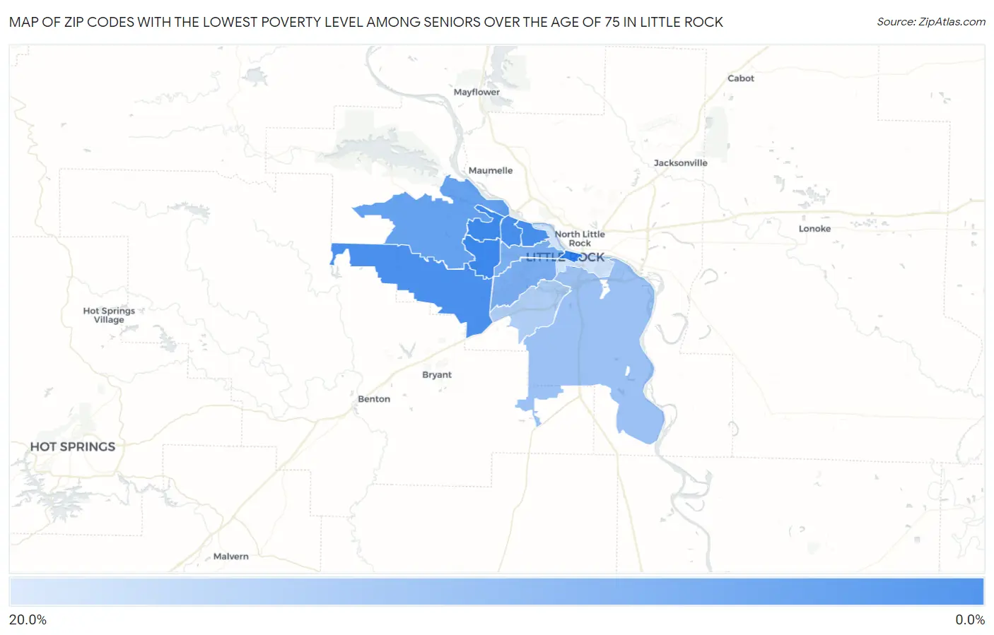 Zip Codes with the Lowest Poverty Level Among Seniors Over the Age of 75 in Little Rock Map