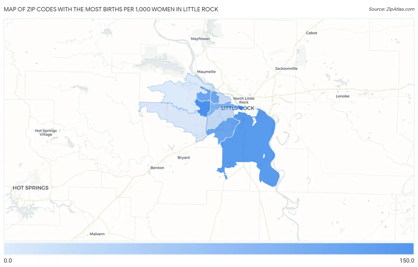 Zip Codes with the Most Births per 1,000 Women in Little Rock Map