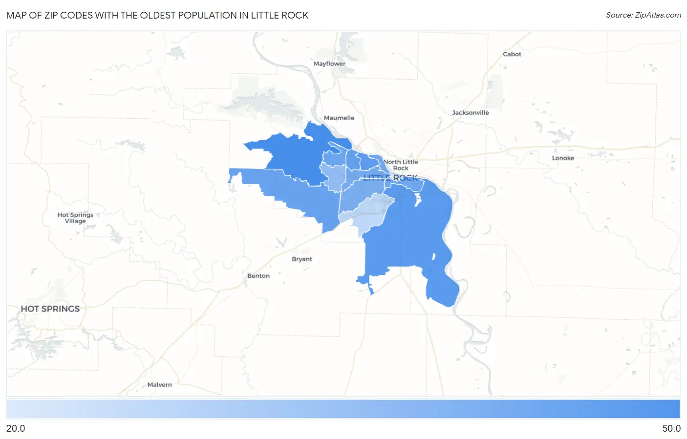 Zip Codes with the Oldest Population in Little Rock Map