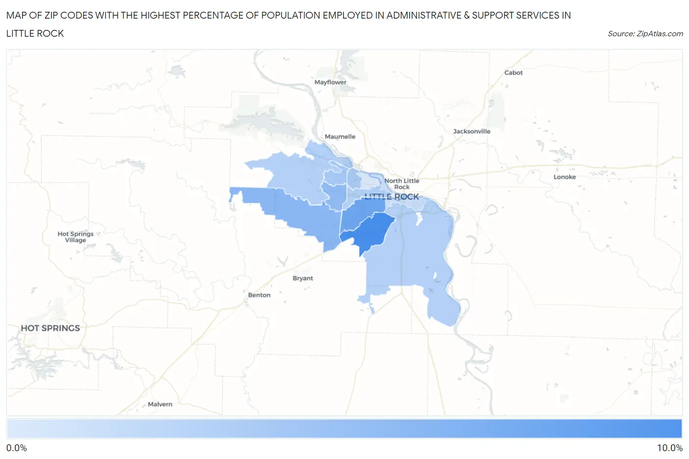 Zip Codes with the Highest Percentage of Population Employed in Administrative & Support Services in Little Rock Map