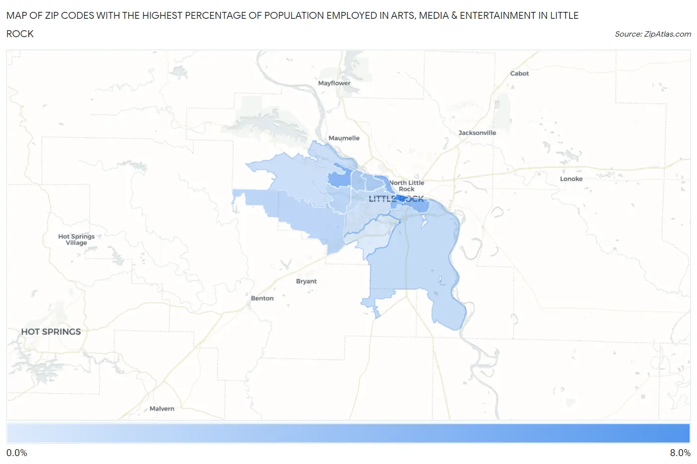 Zip Codes with the Highest Percentage of Population Employed in Arts, Media & Entertainment in Little Rock Map