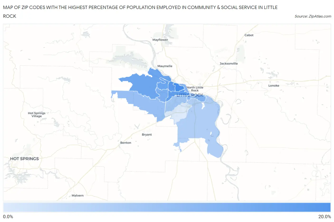 Zip Codes with the Highest Percentage of Population Employed in Community & Social Service  in Little Rock Map