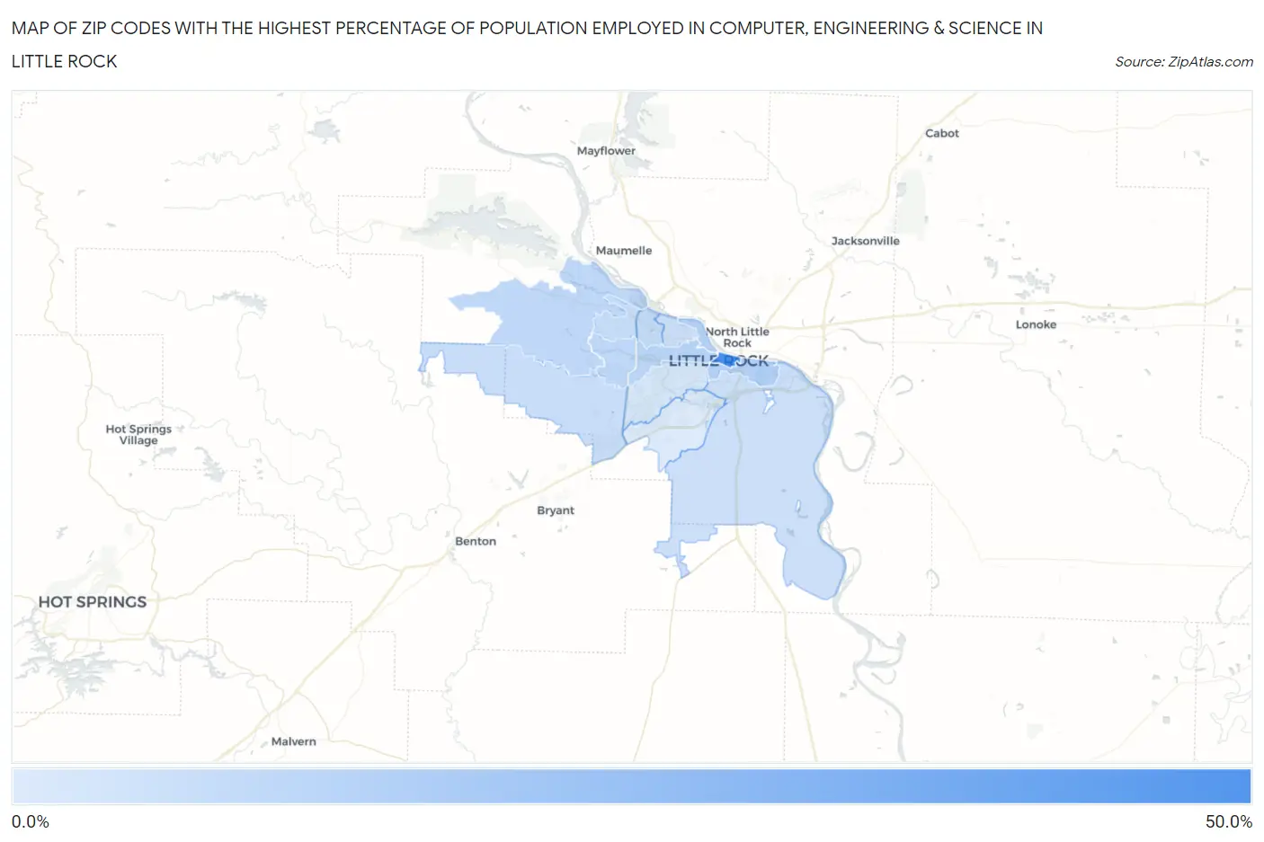 Zip Codes with the Highest Percentage of Population Employed in Computer, Engineering & Science in Little Rock Map