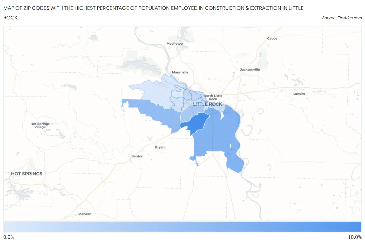 Zip Codes with the Highest Percentage of Population Employed in Construction & Extraction in Little Rock Map