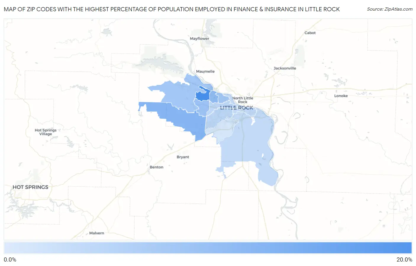 Zip Codes with the Highest Percentage of Population Employed in Finance & Insurance in Little Rock Map