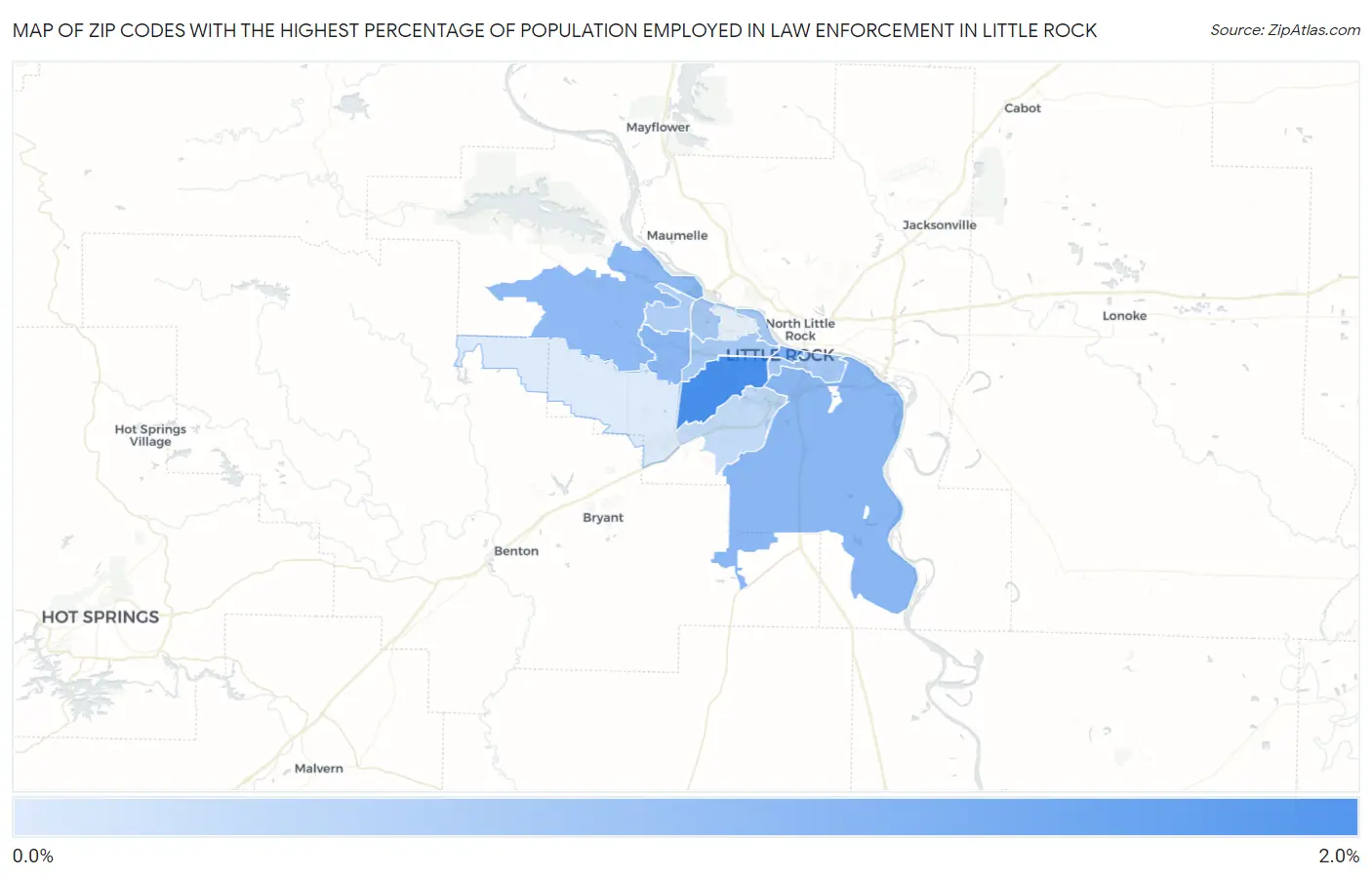 Zip Codes with the Highest Percentage of Population Employed in Law Enforcement in Little Rock Map
