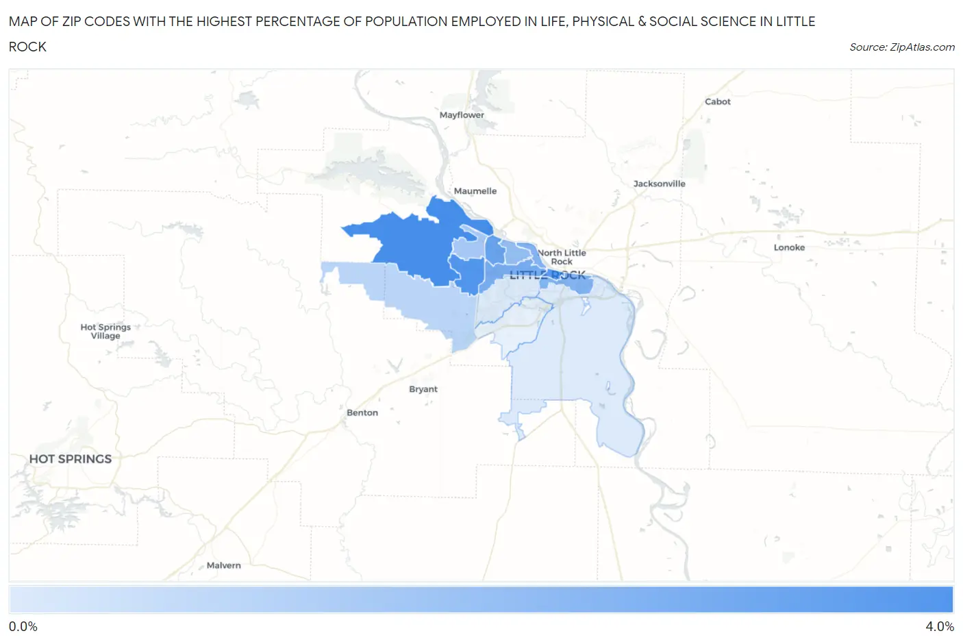 Zip Codes with the Highest Percentage of Population Employed in Life, Physical & Social Science in Little Rock Map