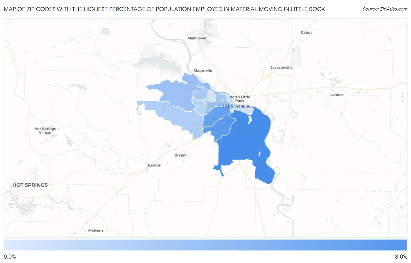 Zip Codes with the Highest Percentage of Population Employed in Material Moving in Little Rock Map