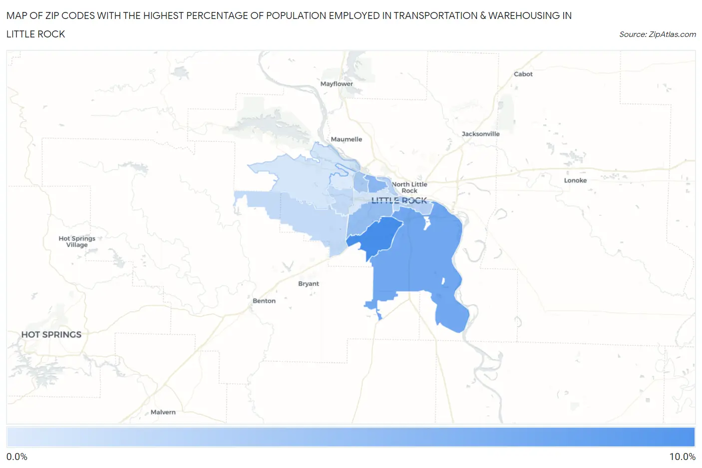 Zip Codes with the Highest Percentage of Population Employed in Transportation & Warehousing in Little Rock Map