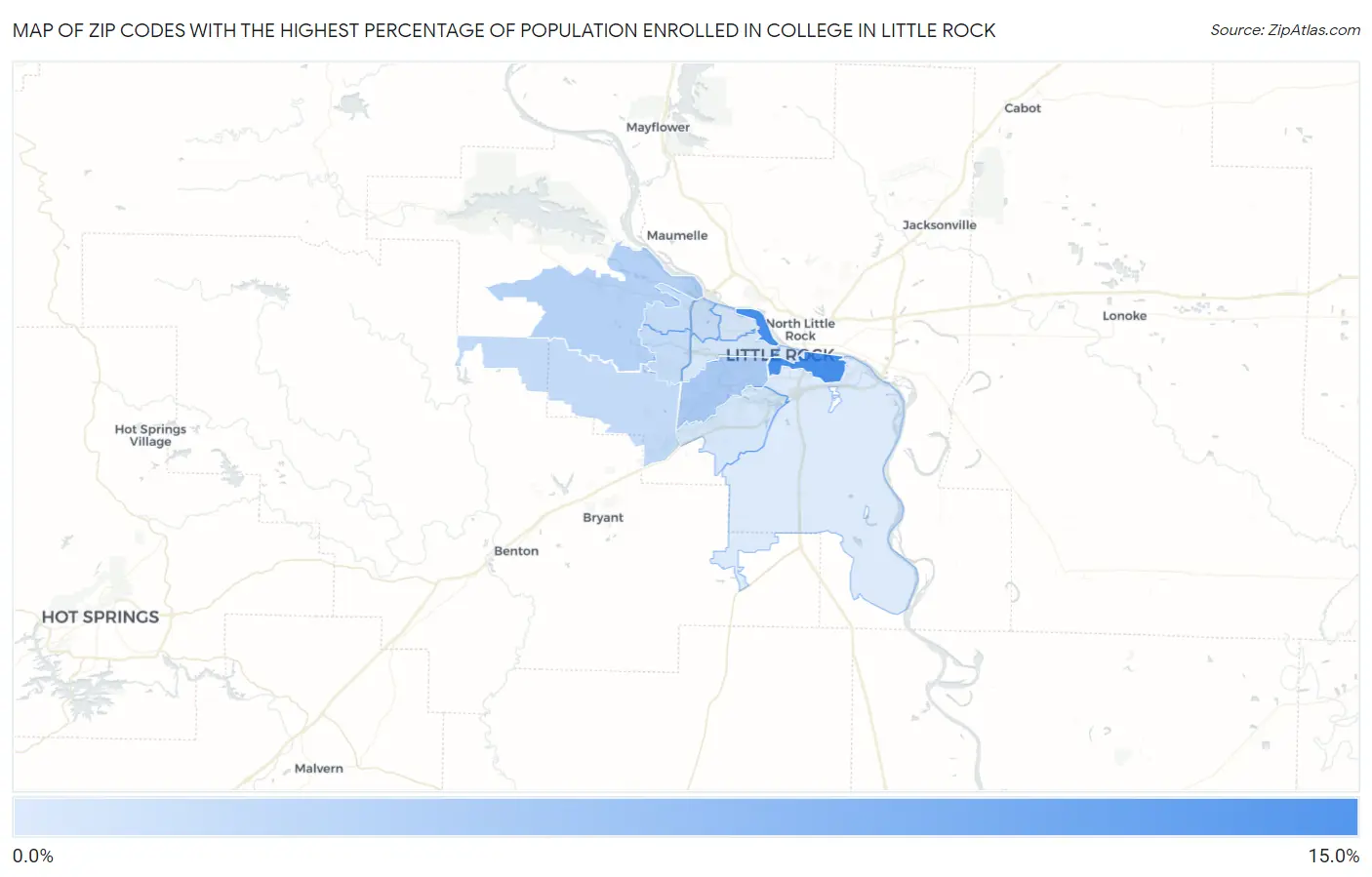 Zip Codes with the Highest Percentage of Population Enrolled in College in Little Rock Map