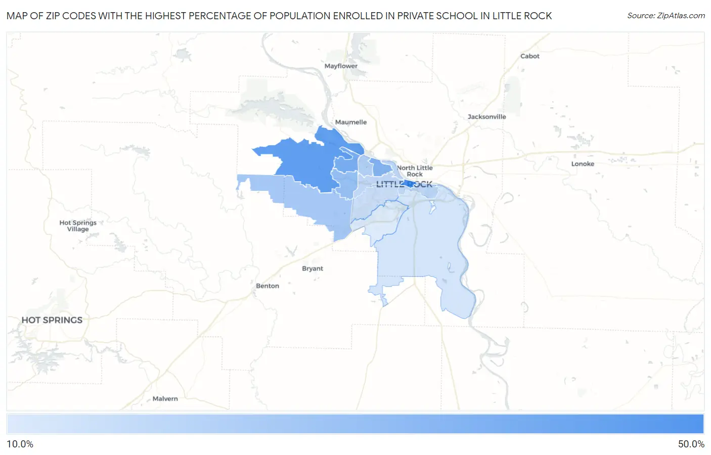 Zip Codes with the Highest Percentage of Population Enrolled in Private School in Little Rock Map