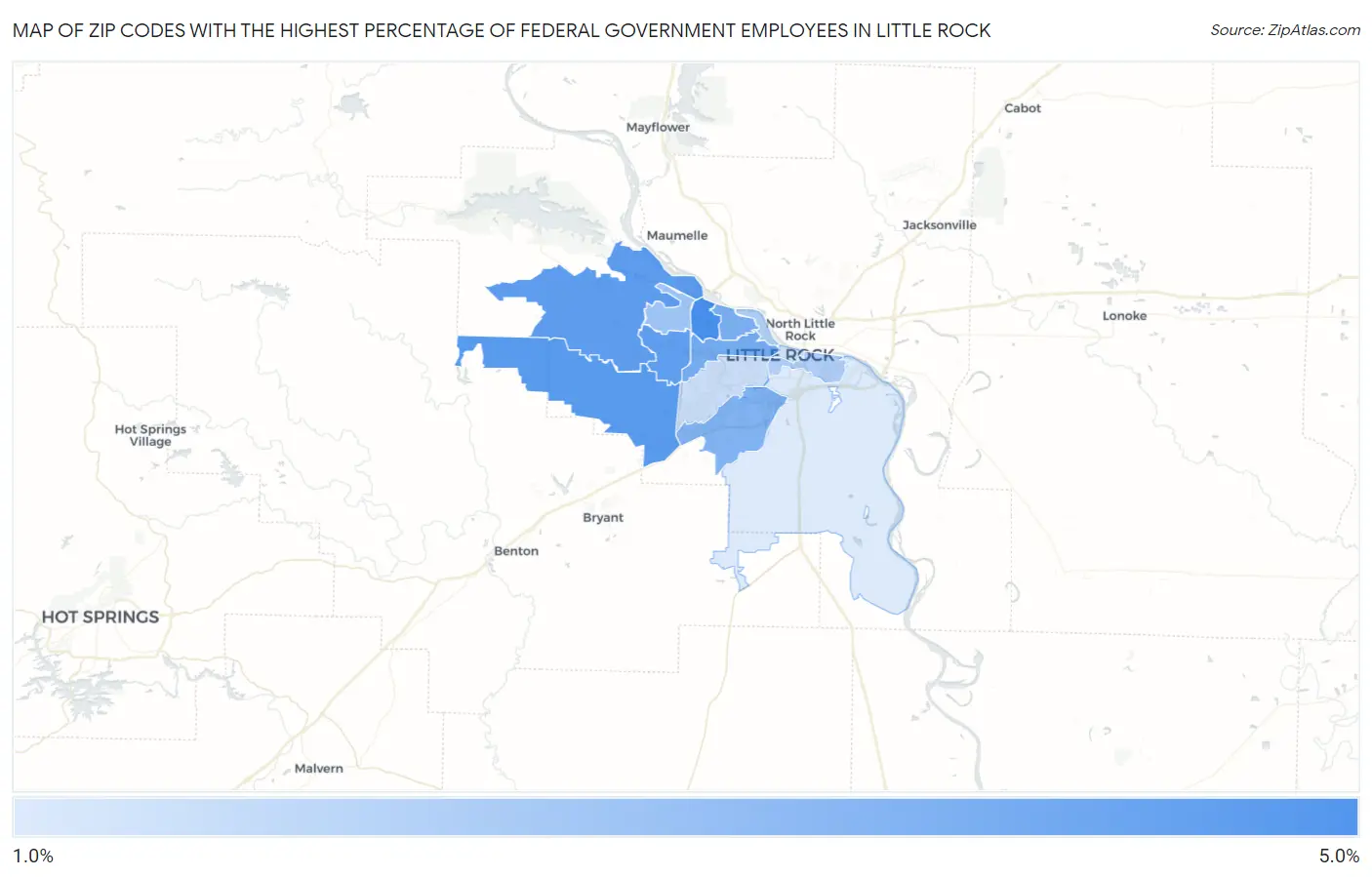 Zip Codes with the Highest Percentage of Federal Government Employees in Little Rock Map