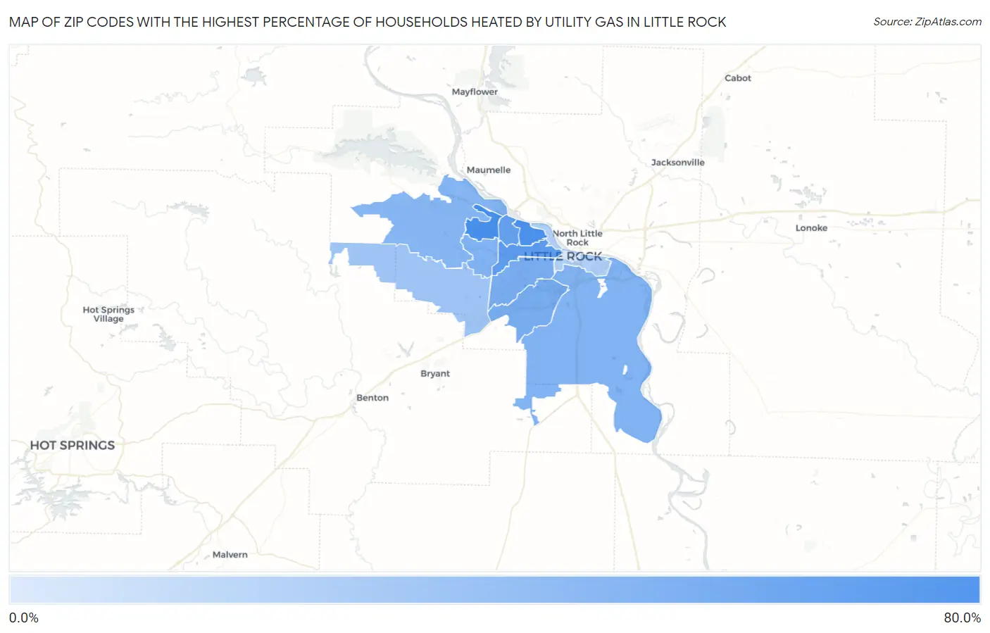 Zip Codes with the Highest Percentage of Households Heated by Utility Gas in Little Rock Map