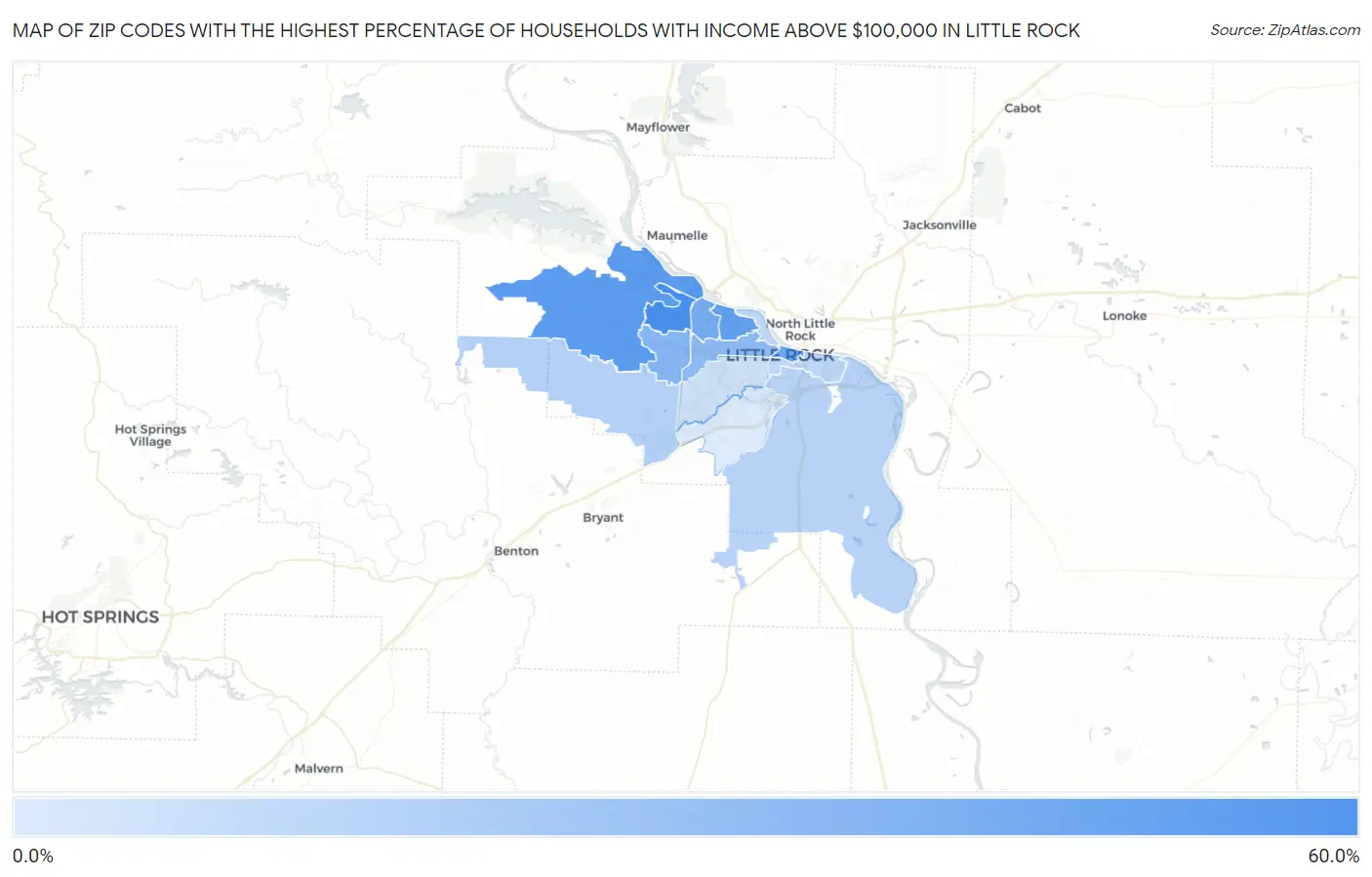 Zip Codes with the Highest Percentage of Households with Income Above $100,000 in Little Rock Map