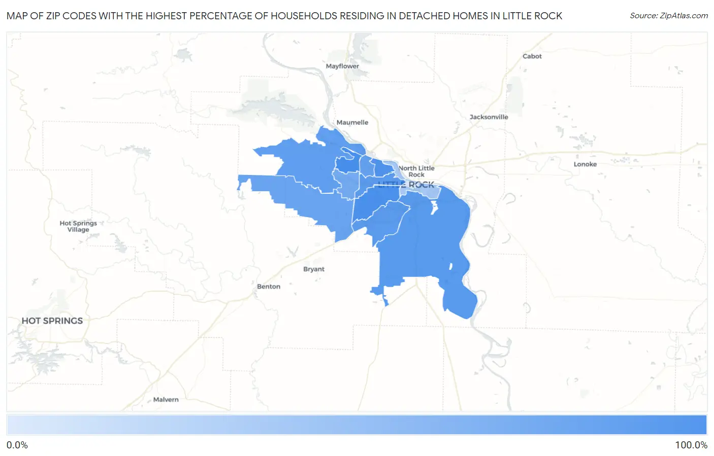 Zip Codes with the Highest Percentage of Households Residing in Detached Homes in Little Rock Map