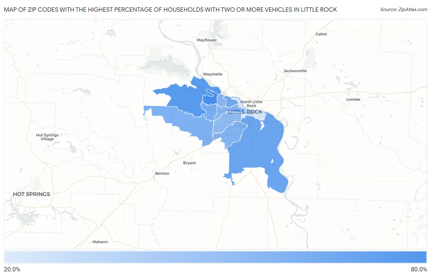 Zip Codes with the Highest Percentage of Households With Two or more Vehicles in Little Rock Map