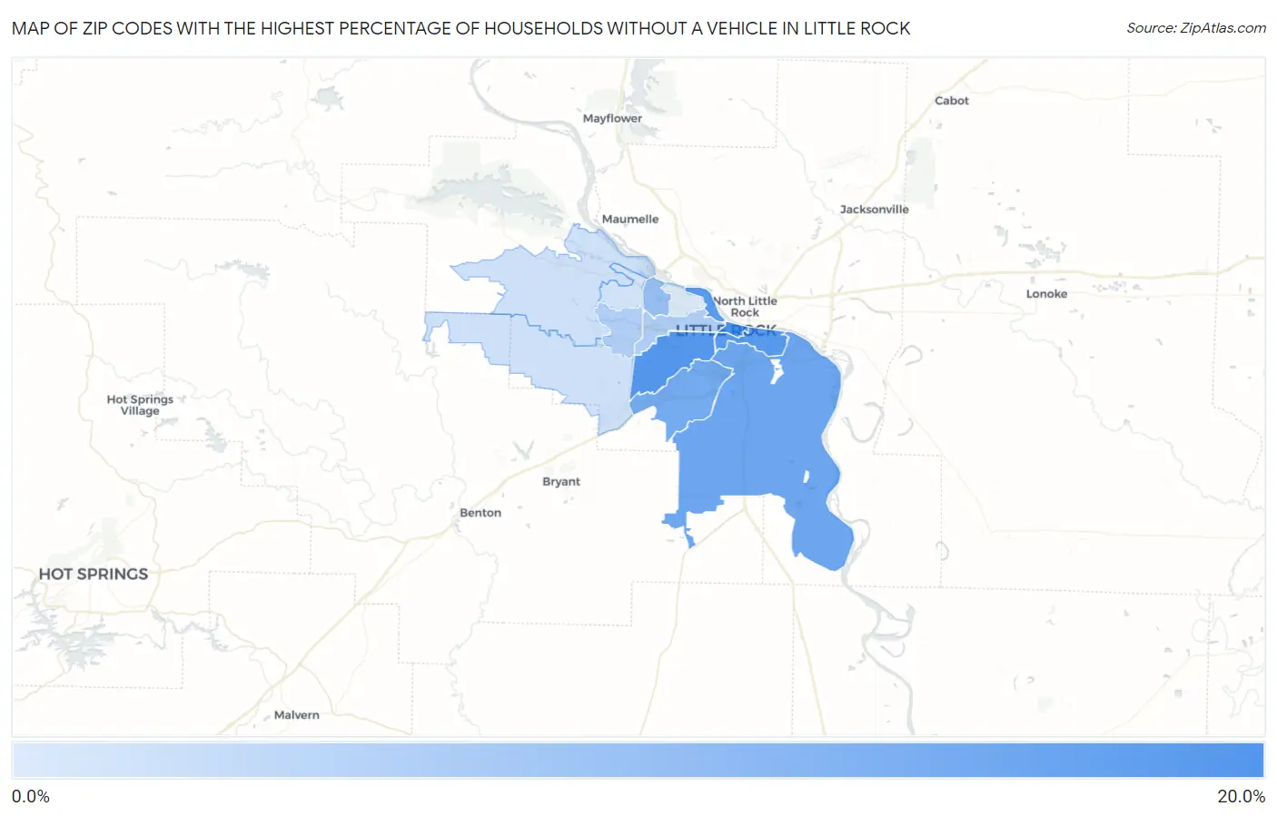 Zip Codes with the Highest Percentage of Households Without a Vehicle in Little Rock Map