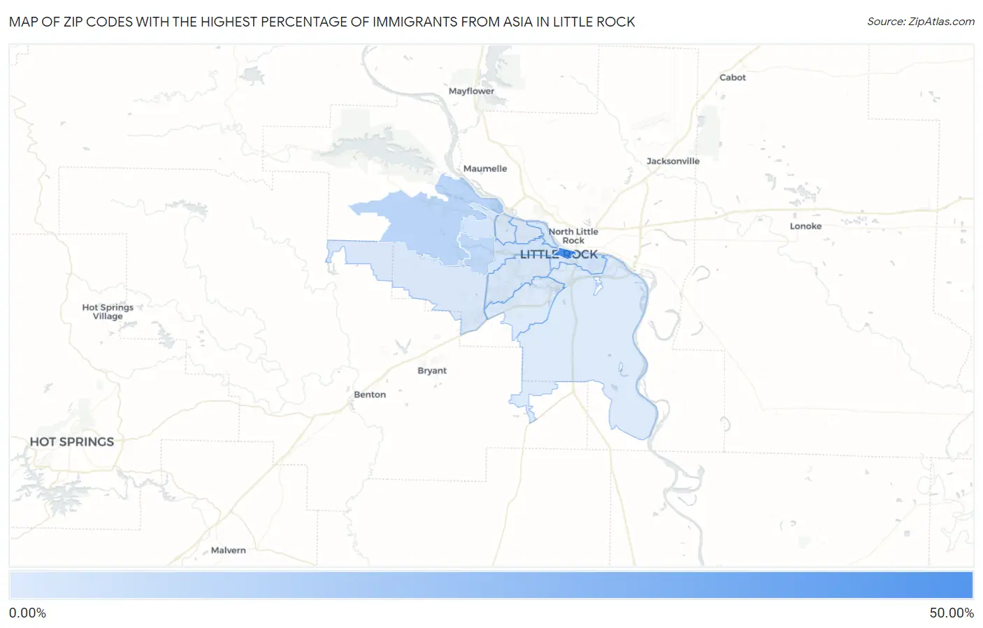 Zip Codes with the Highest Percentage of Immigrants from Asia in Little Rock Map