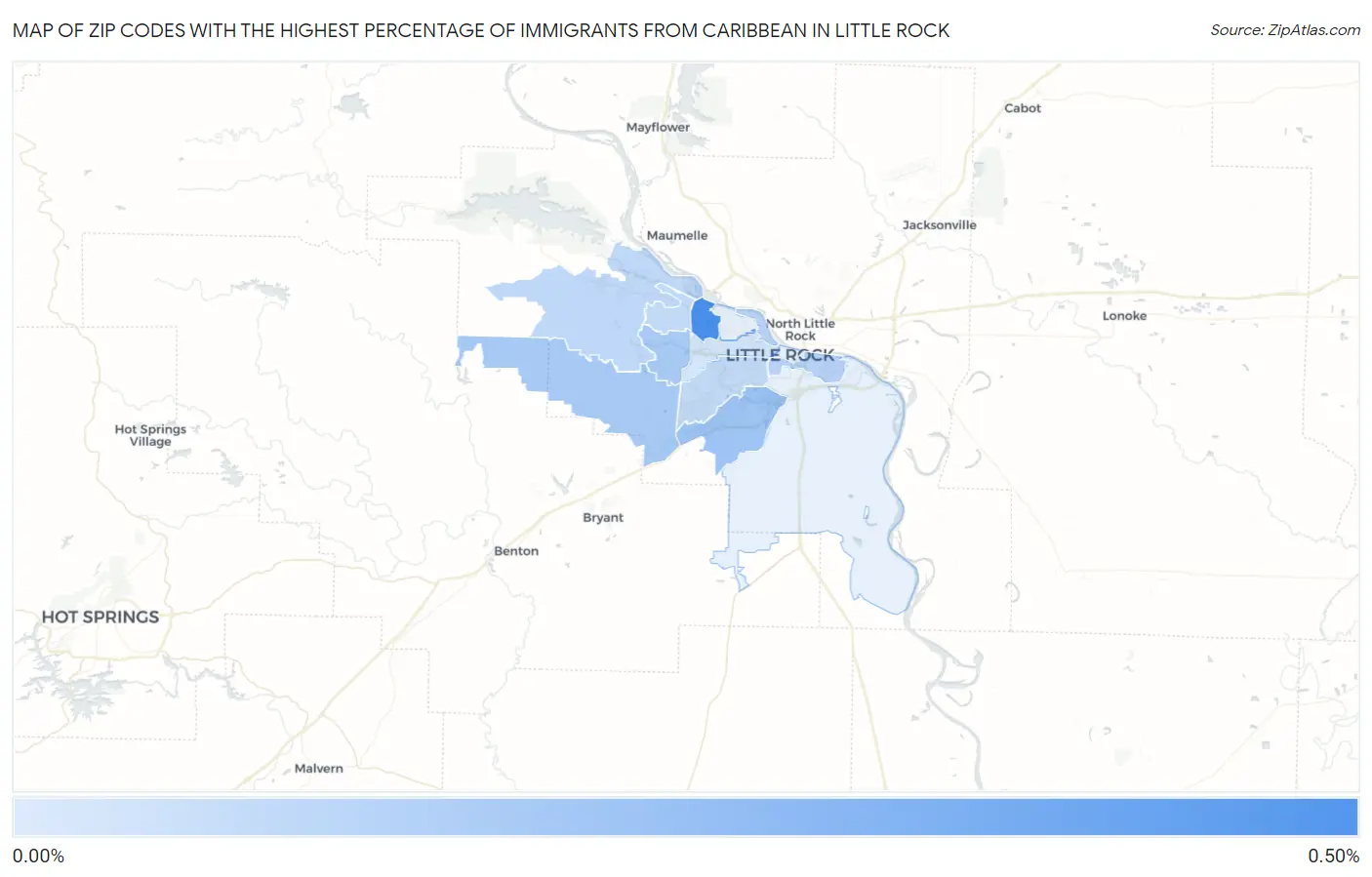 Zip Codes with the Highest Percentage of Immigrants from Caribbean in Little Rock Map