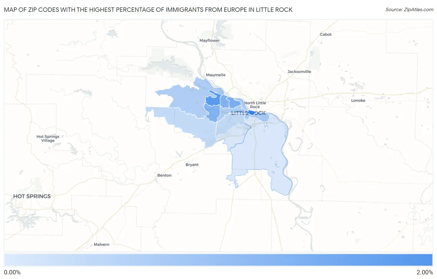 Zip Codes with the Highest Percentage of Immigrants from Europe in Little Rock Map