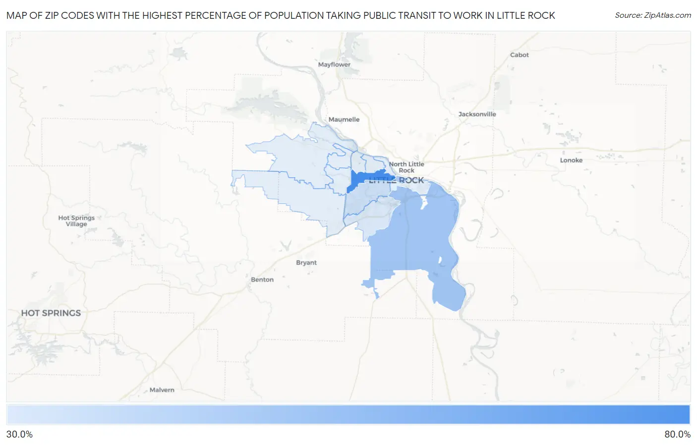 Zip Codes with the Highest Percentage of Population Taking Public Transit to Work in Little Rock Map