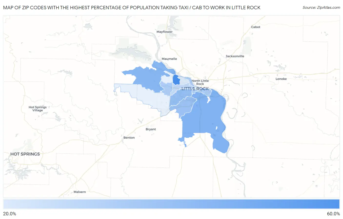 Zip Codes with the Highest Percentage of Population Taking Taxi / Cab to Work in Little Rock Map