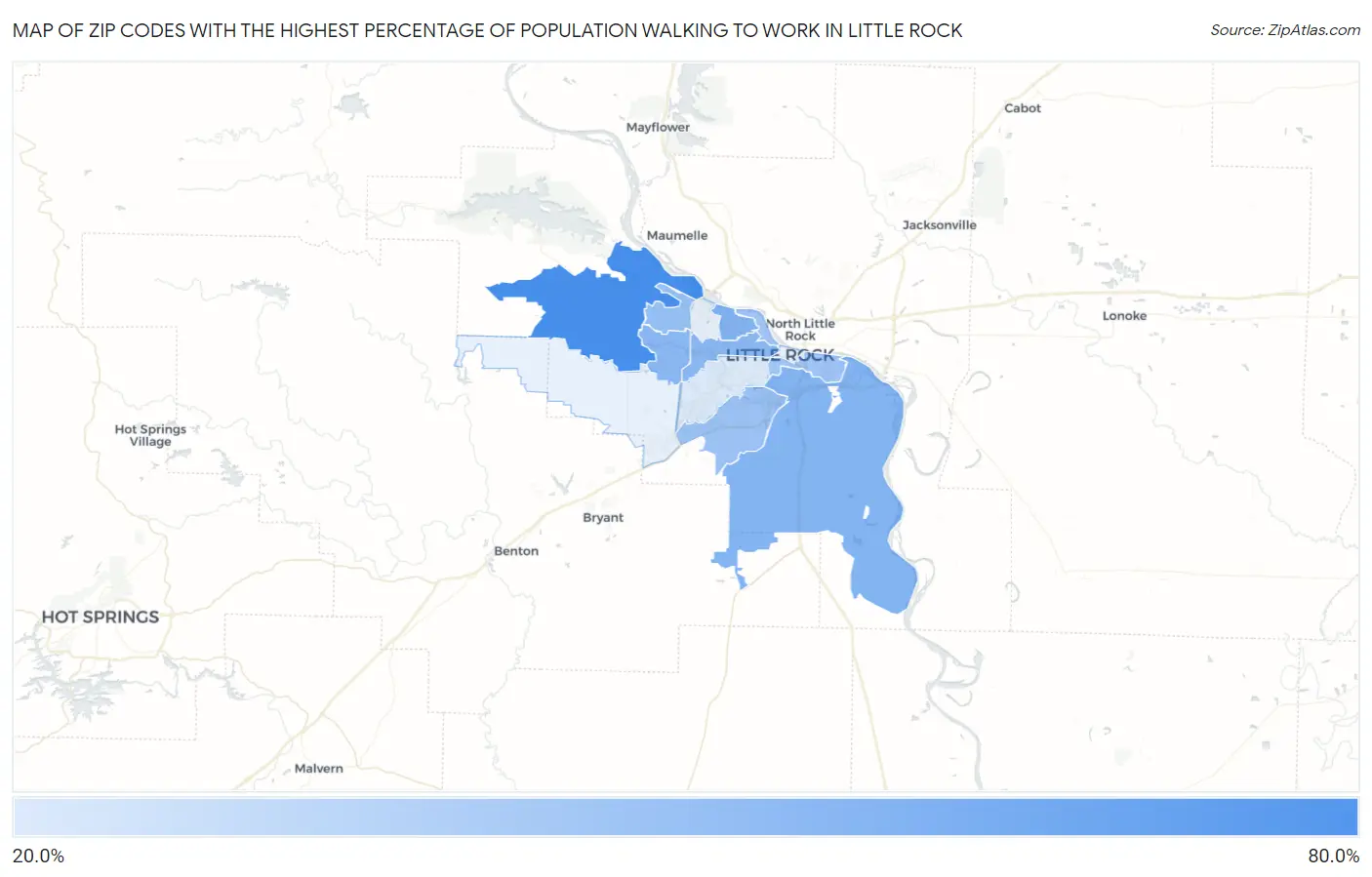 Zip Codes with the Highest Percentage of Population Walking to Work in Little Rock Map