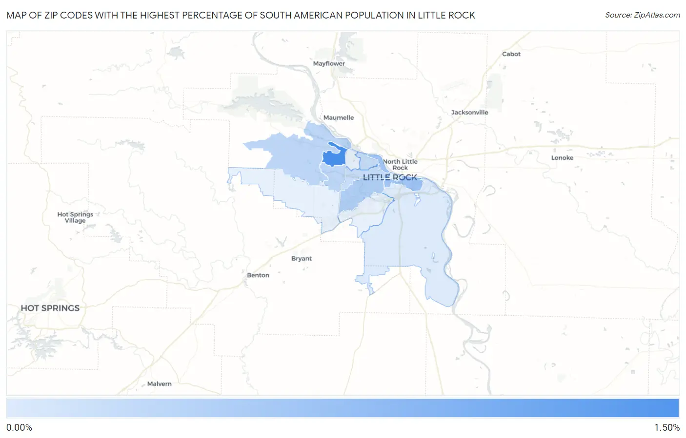 Zip Codes with the Highest Percentage of South American Population in Little Rock Map
