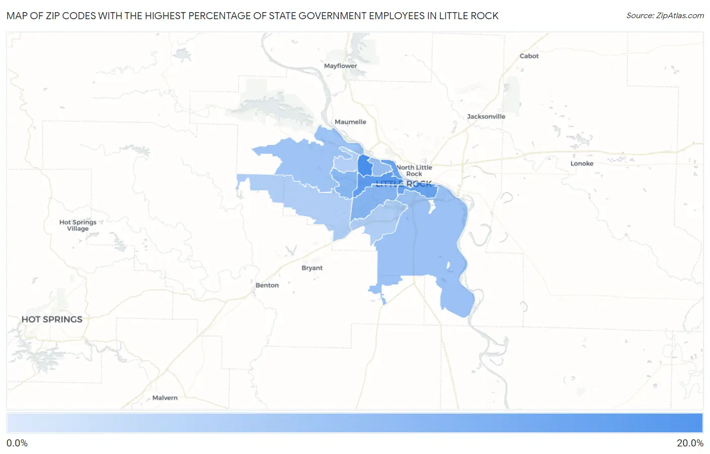 Zip Codes with the Highest Percentage of State Government Employees in Little Rock Map
