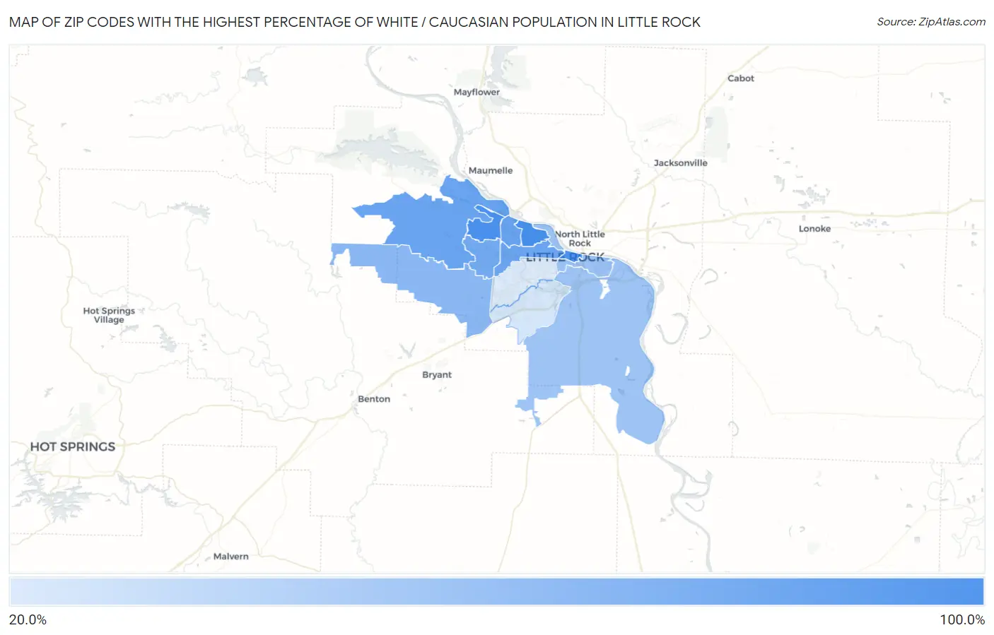 Zip Codes with the Highest Percentage of White / Caucasian Population in Little Rock Map