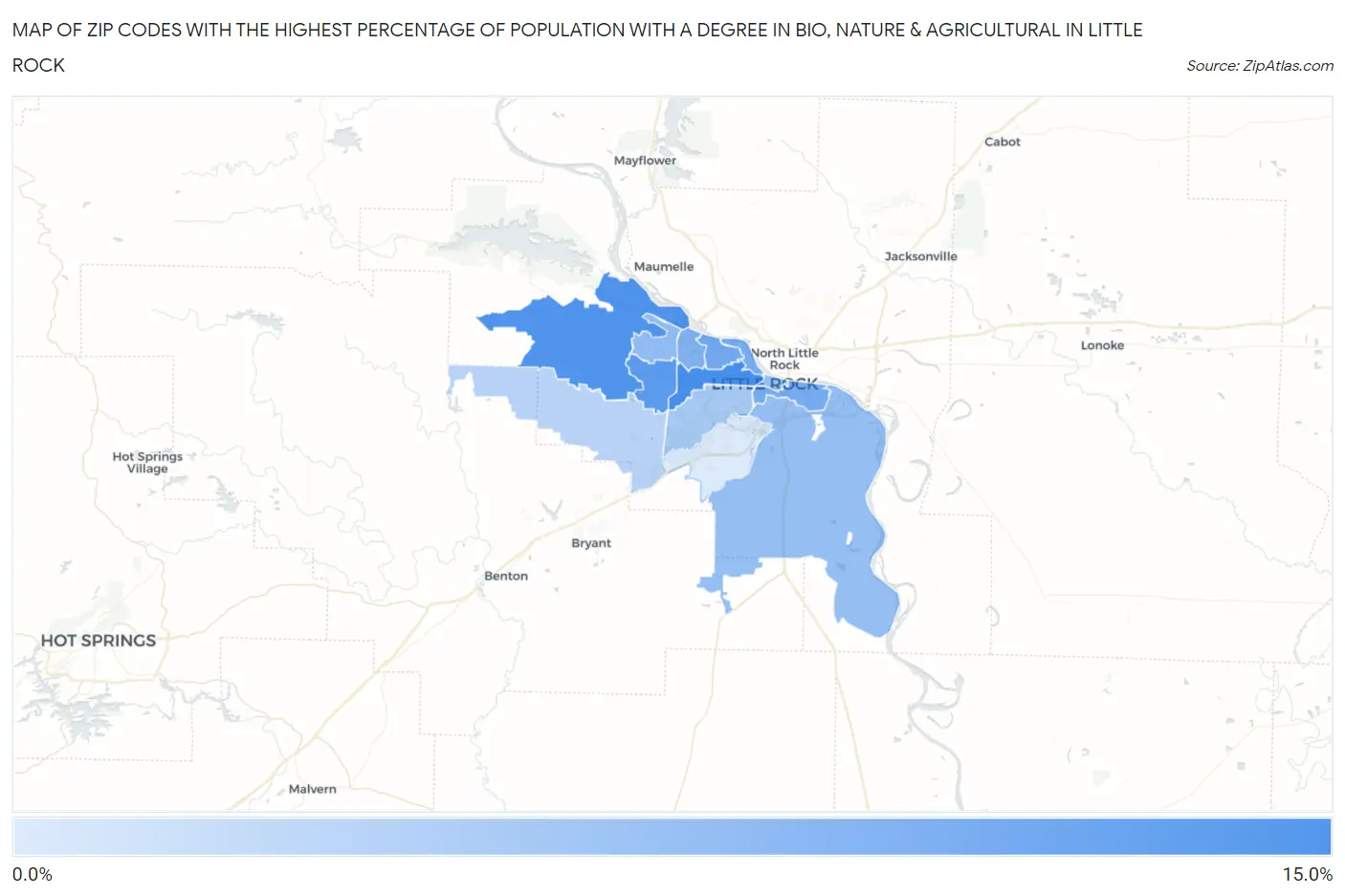 Zip Codes with the Highest Percentage of Population with a Degree in Bio, Nature & Agricultural in Little Rock Map