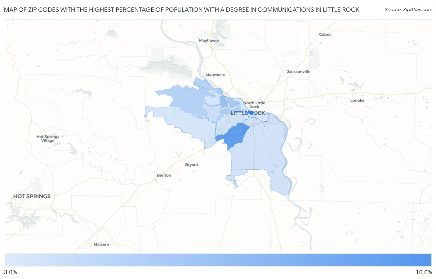 Zip Codes with the Highest Percentage of Population with a Degree in Communications in Little Rock Map